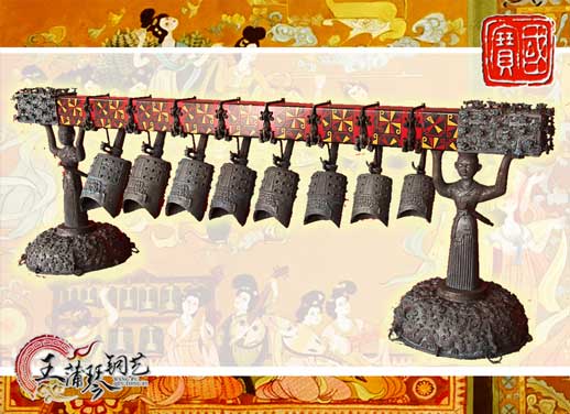 8件古編鐘，銅人銅座裝飾，可發(fā)音